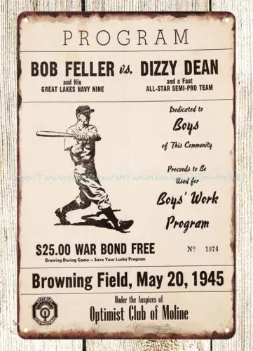 1945 baseball Bob Feller vs Dizzy Dean War Bond Game Program metal tin sign