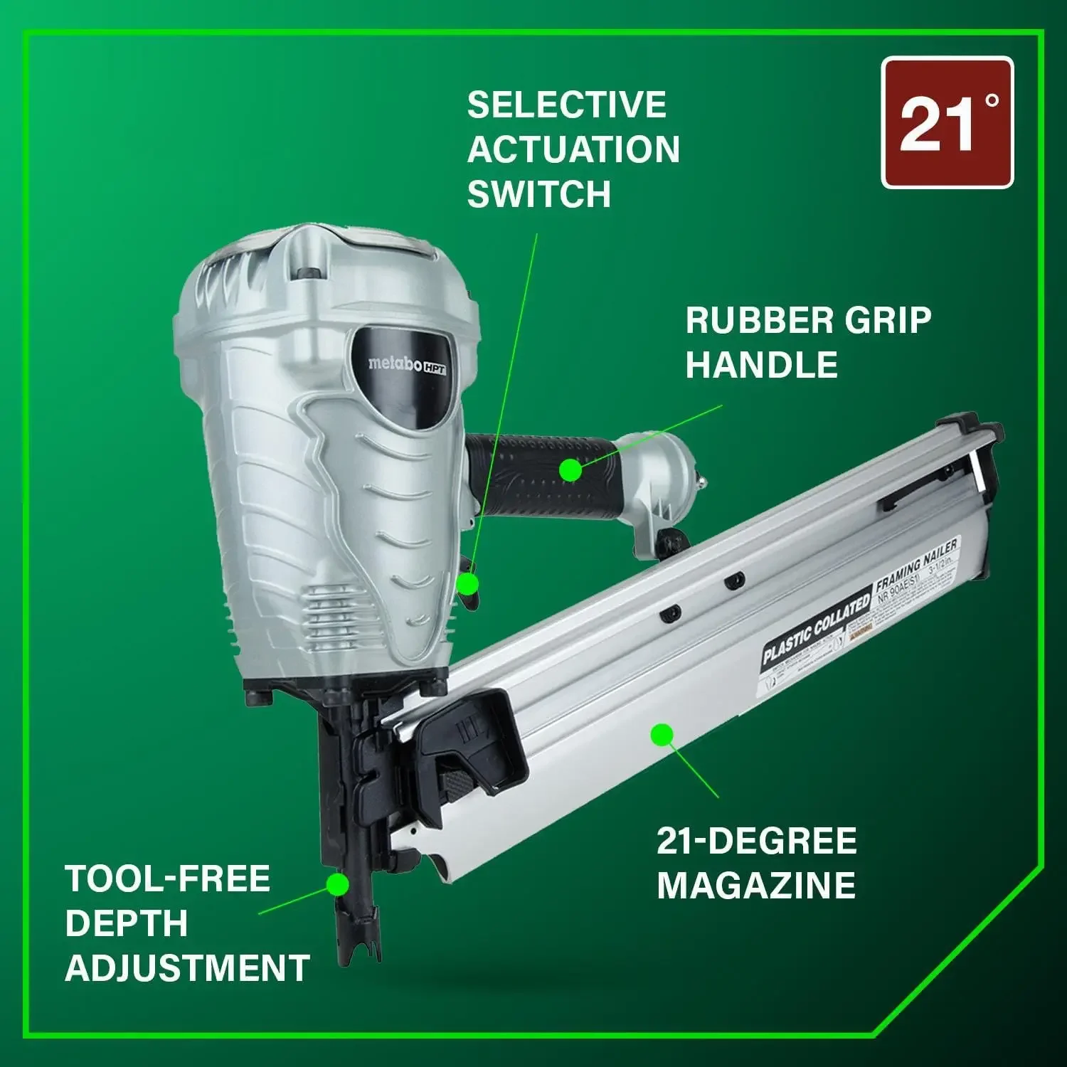 21 Degree Magazine, Accepts 2-Inch，Framing Nailer, Pro Preferred Brand of Pneumatic Nailers