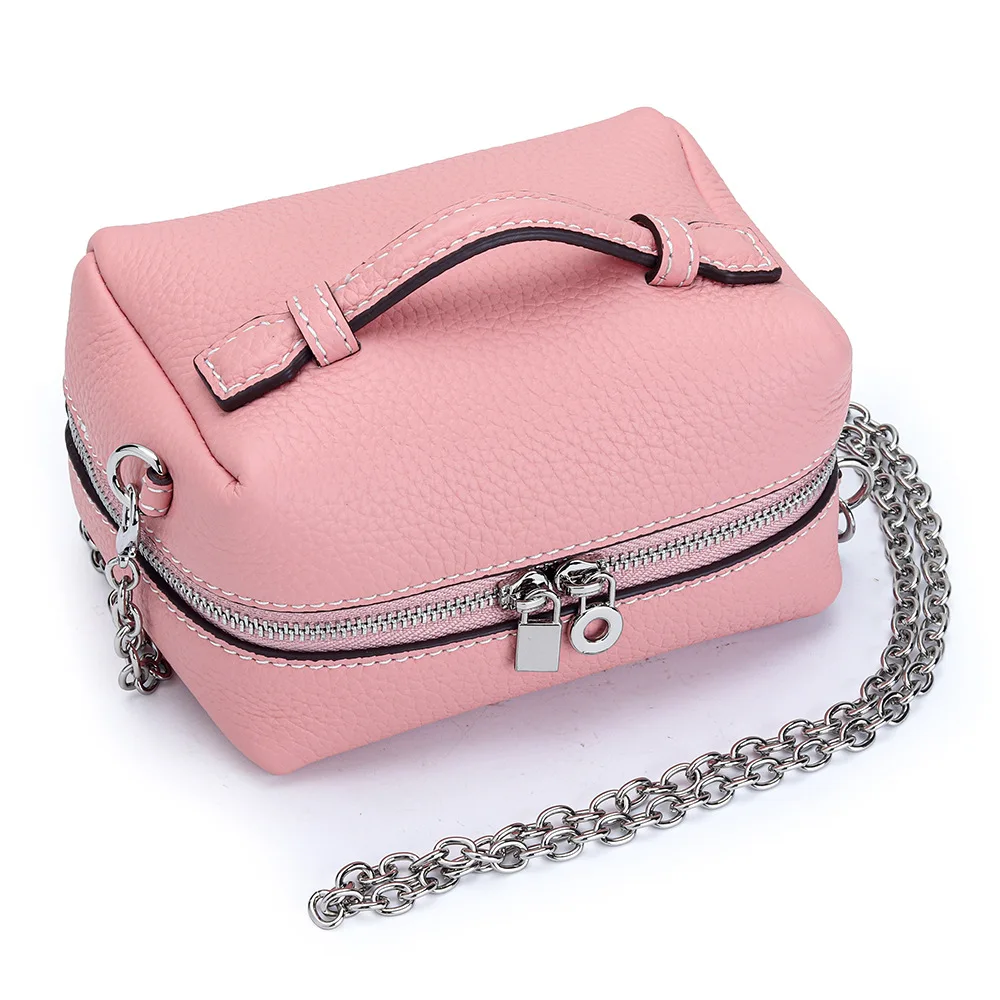 

Chic Genuine Leather Women's Mini Crossbody Bag Chain Strap Zipper Lock Closure Makeup Bag Perfect Small Gift for Daily Use