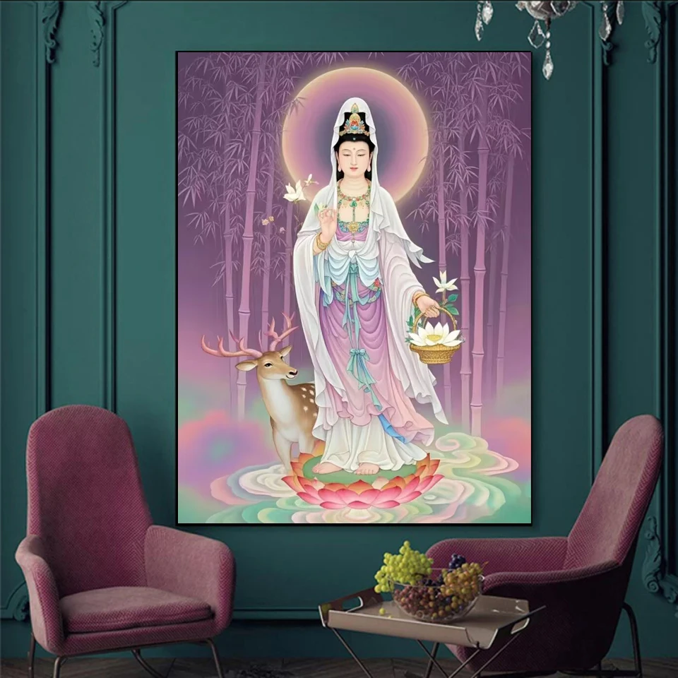 DIY Diamond Painting Guanyin Buddha Statue New Arrival Full Mosaic Jewels Cross Stitch Kit Embroidery Lotus Bamboo Home Decor