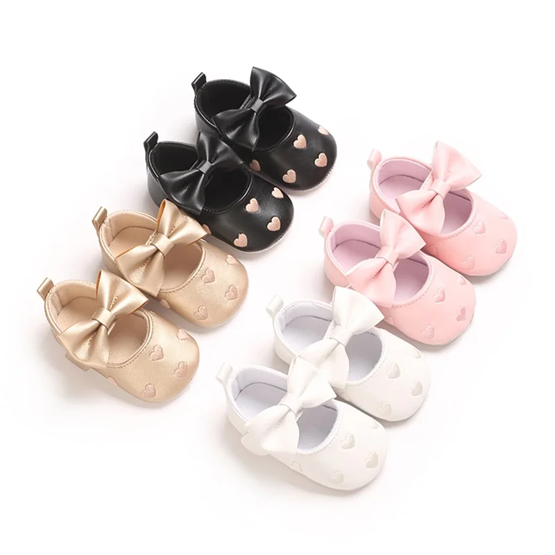 Baby Girl Casual Princess Shoes Heart Pattern Adorable Big Bow Non-Slip First Walking Soft Sole Shoes