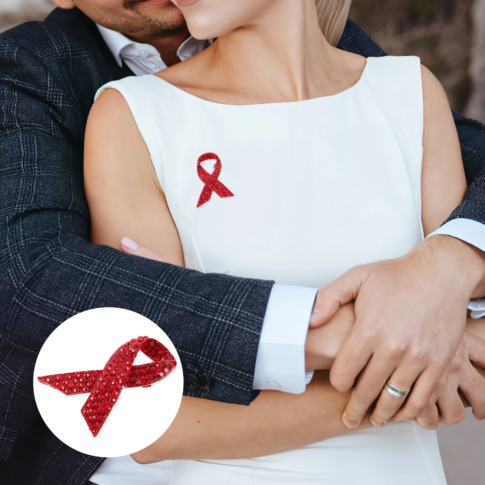 

Rhinestone Ribbon Pin Red Brooch Cancer Awareness Alloy Breastpin Creative Jewelry for World Aids Day Support