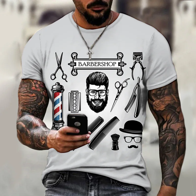 Vintage T-shirt For Men Handdrawn Barber Shop Logo  Graphic Printed T-Shirts Short sleeved Tee Oversized Men Clothing Top Summer