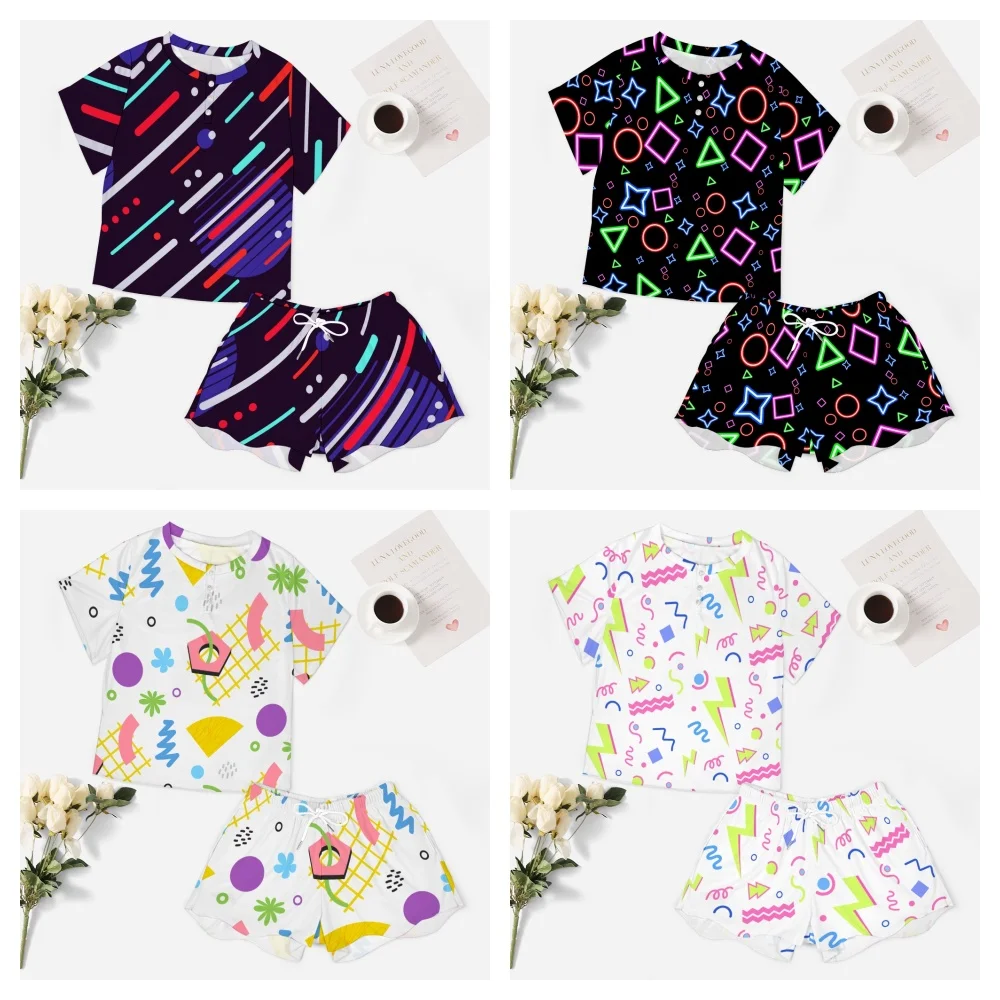 Multicolored Geometric Women's 2-Piece Button Down Short Sleeve Button Front Sleepwear Loungewear PJ Set Summer Home Suit