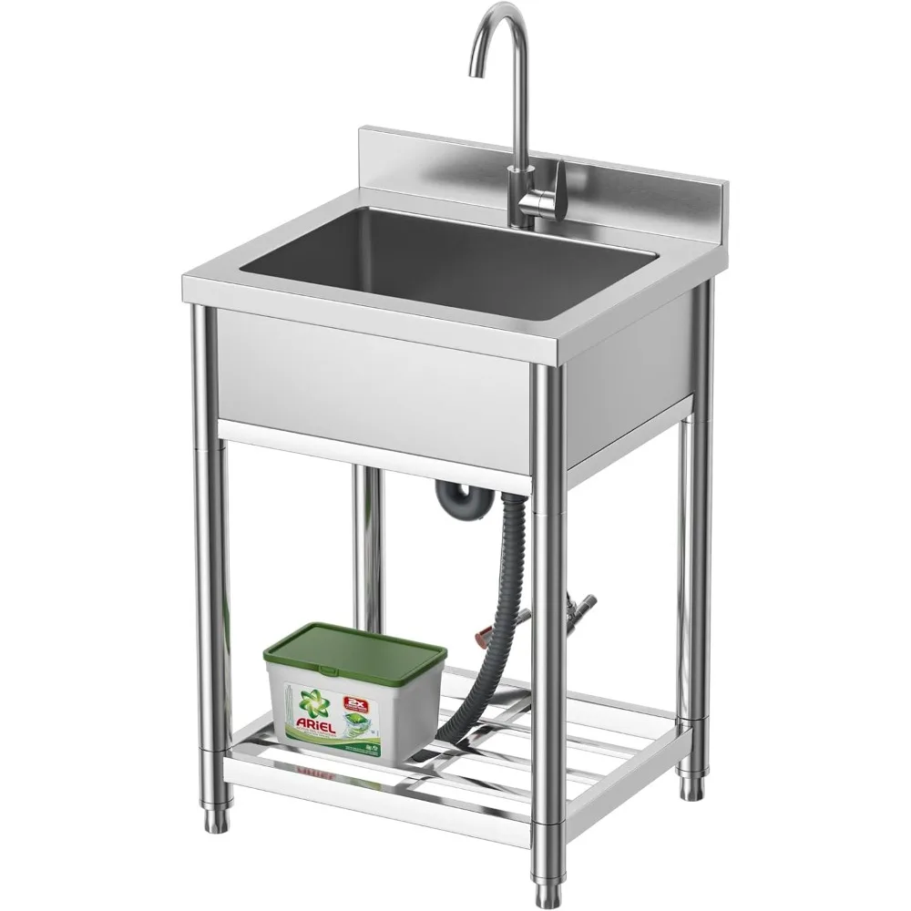 

Отдельно стоящая кухонная раковина из нержавеющей стали с одной чашей и двойным температурным краном для внутреннего и наружного использования
