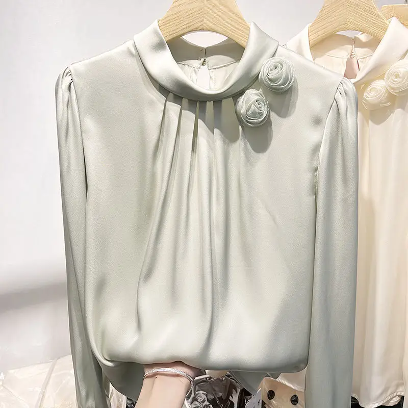 Long-sleeved Satin Simulation Silk Female Blouse Spring Autumn New French Three-dimensional Flowers Solid Color Pullover Top