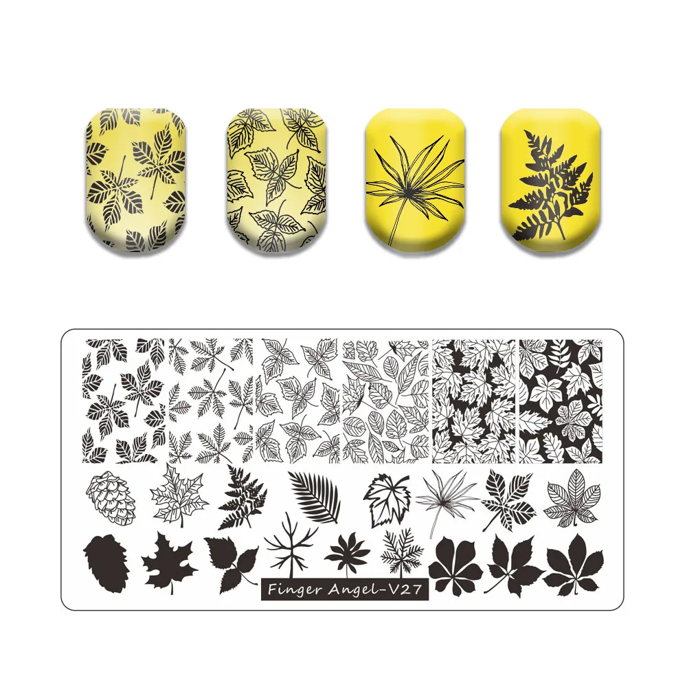 Palm Leaf Nail Stamping Plate Flower Stripe Nail Stamp Templates Leaves Floral Printing Stencil Line Lace Letter Skull Poker