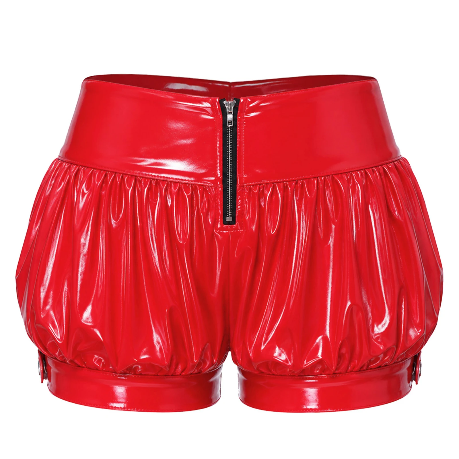 Women Shiny Zipper Front Ruched Lantern shorts Hot Pants Patent Leather Bubble Shorts Rave Party Club Music Festival Clubwear