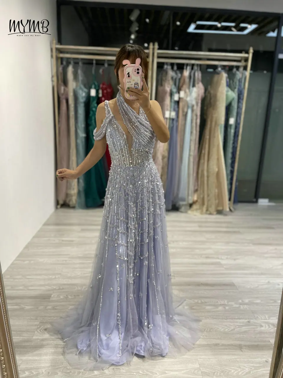 MYMB Stylish Light Purple Halter A-Line Sparking Sequin Gown for Women Party Exclusive Off Shoulder Beaded Tulle Evening Dresses