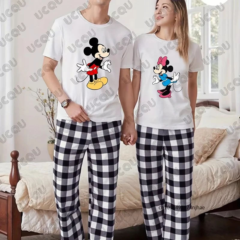 

2026 The Mickey & Minnie Print Tracksuit For Women Tshirt+Plaid Pajamas Pants Sets Casual Couples Suit Fashion Pajamas Outfits