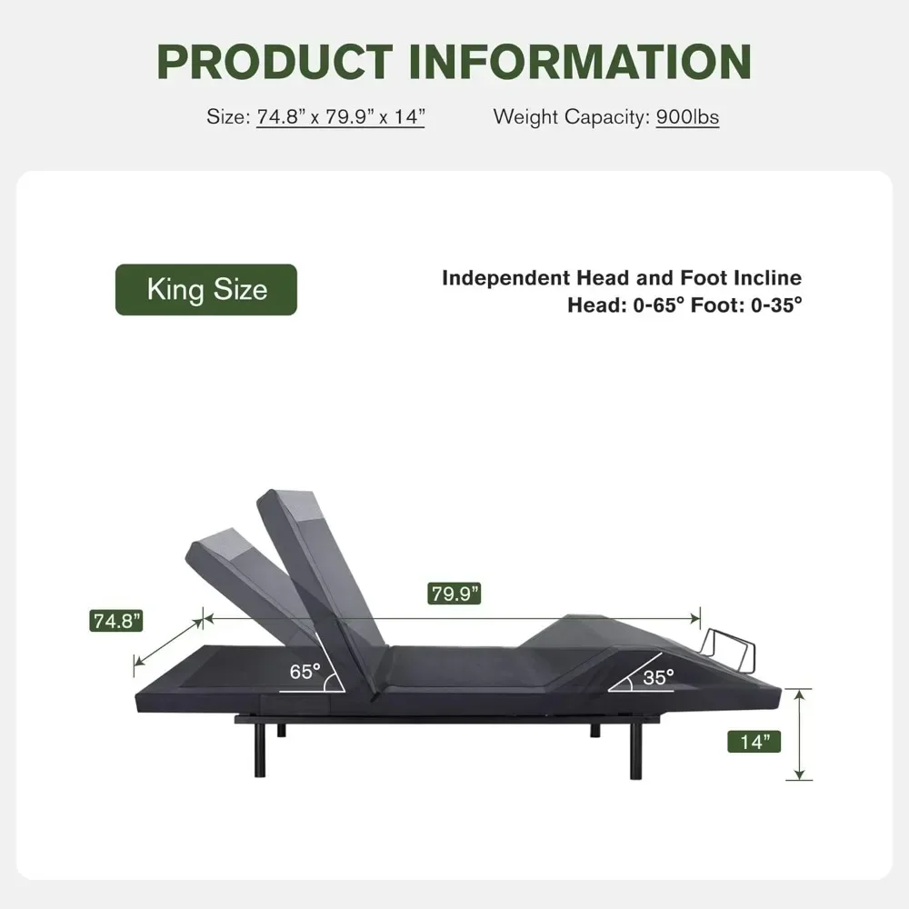 King Adjustable Bed Frame,with Independent Head and Foot Incline, Wireless Remote, Quiet Motor, Anti-Snore, Bedroom Beds Frames