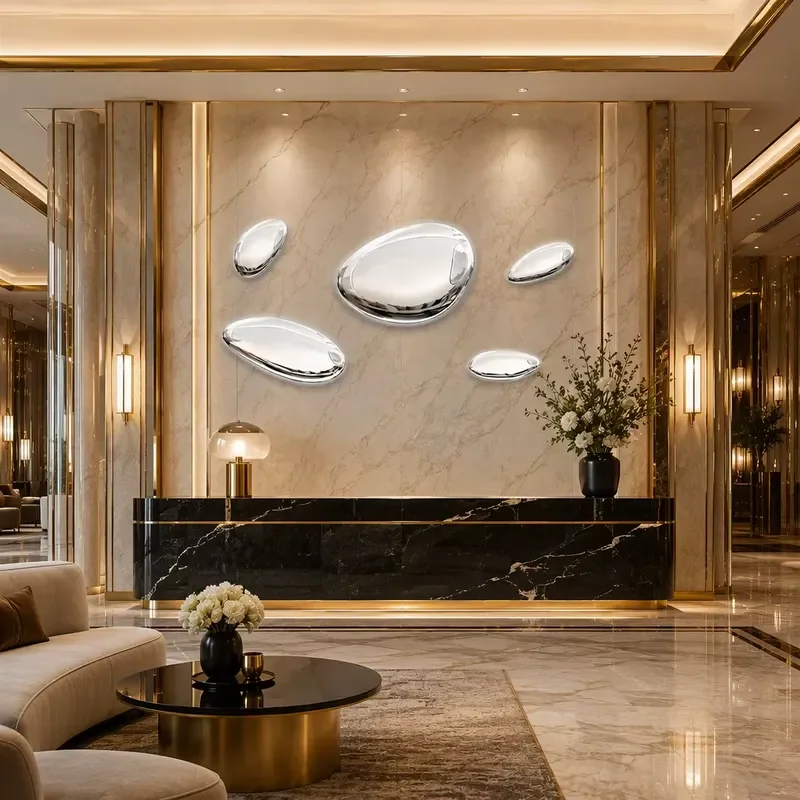 Top Sales Luxury Stainless Steel Wall Mounted Pebble Sculpture Mirror Polished Decor Hotel Lobby Bedroom Hallway Custom Size
