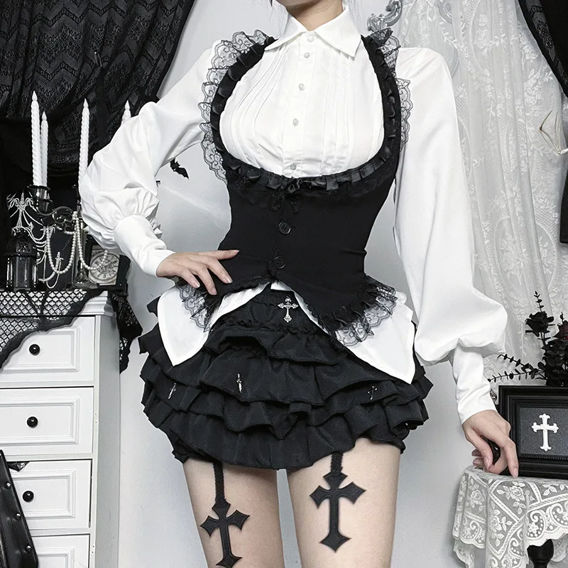 Goth Dark Vintage Halter Lace Trim Corset Top for Women Halloween Gothic Outfits Sleeveless Backless Cropped Tops Coat Halloween