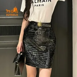 New Winter Genuine Leather Women Skirt High-grade Sheepskin Crocodile Pattern High Waist Hip Elegant Cowhide Short Skirt Travel