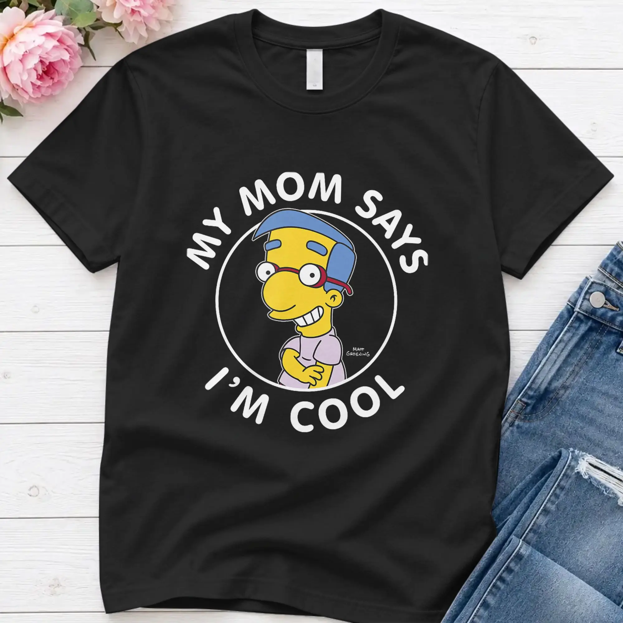 Milhouse My Mom Says I'M Cool V T-Shirt Summer Simpsons Cotton T Shirts For Men's Harajuku Tshirt Short Sleeve Vintage Top Tees