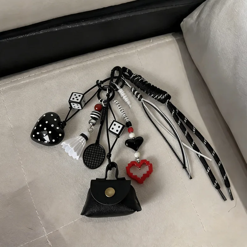 Sport Style Badminton Pendant Keychain Black Heart Dice Charm Backpack Hanging Key Chain Women Girl Keyring Accessories Gift