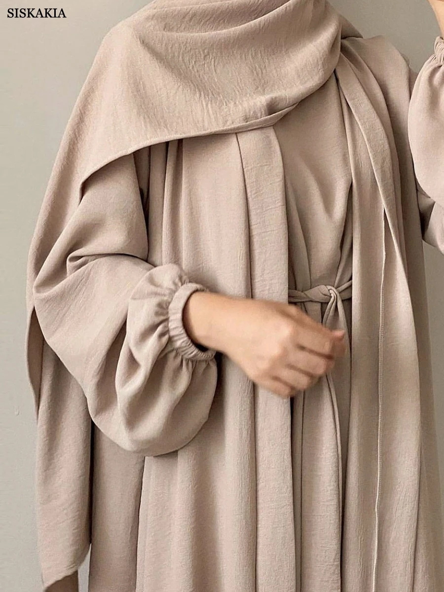 Siskakia Muslim Women Sets With Hijab Belted Open Kimono And Sleeveless Under Dress Jalabiyat Ramadan Eid 2024 Kuwaiti Outfits