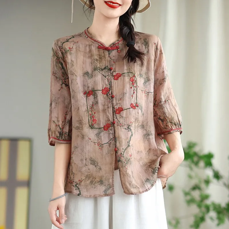 Chinese Style Women Summer Casual Shirt New Arrival 2024 Vintage Style Floral Print Loose Female Half Sleeve Tops Shirts W3899