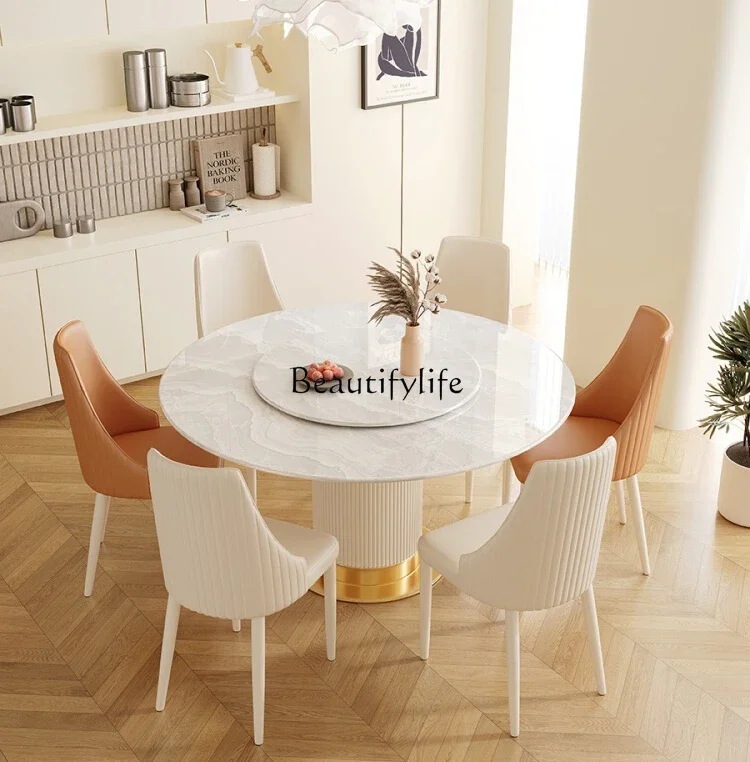 

Natural supercrystalline stone dining table cream style modern simple light luxury marble round dining table