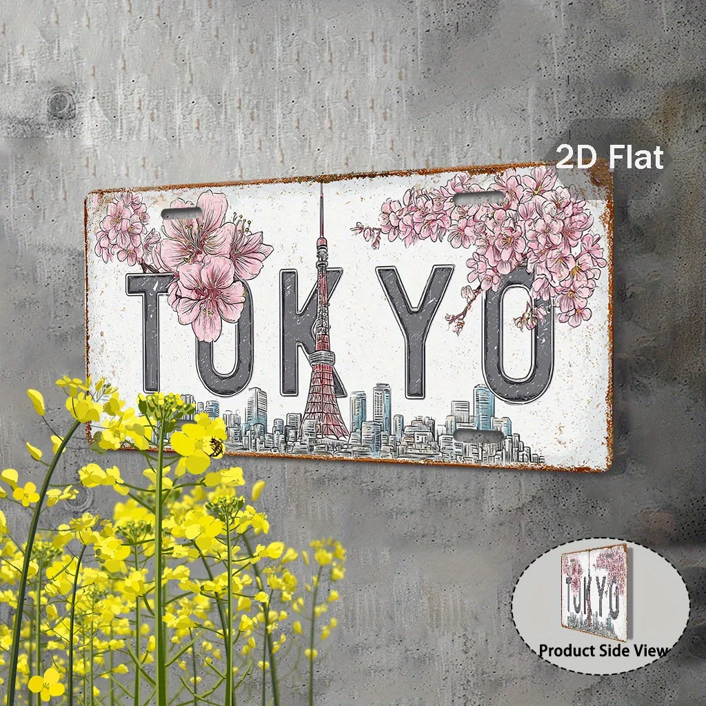 2D Flat,Tokyo Cherry Blossom Sign-Japanese Retro Wall Decor with Plate,Vintage Japanese Sign for,Christmas Gift for Japan Lovers