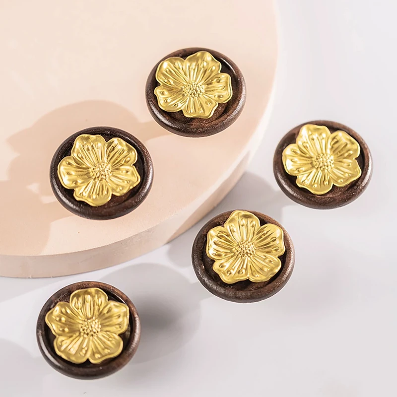 European Light Luxury Flower Brass+Walnut Wood Drawer Gold Knobs Furniture Hardware Kitchen Cabinet Vintage Bronze Pulls Handles