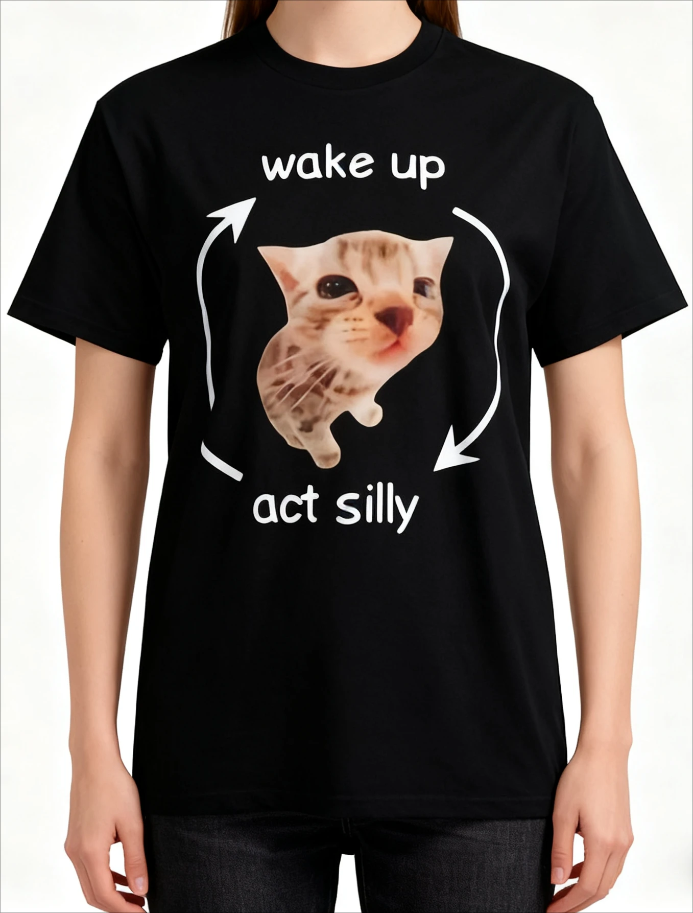 

New Arrival Wake Up Act Silly Meme Graphic T Shirt Funny Cute Cat Print Short Sleeve T-shirt Women Casual Oversized T Shirts