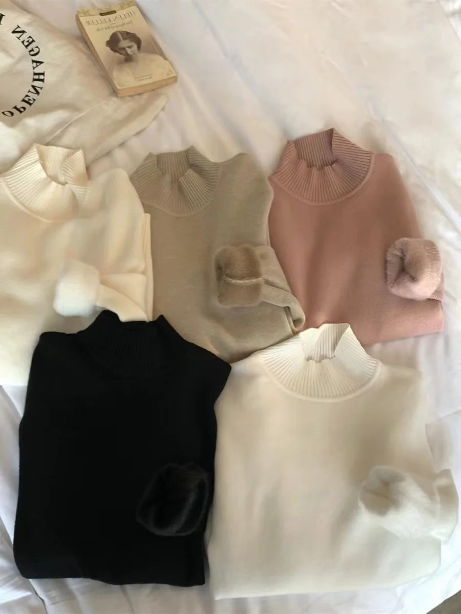 Thiened Fce Women's Knitted Sweater Autumn Winter f High Collar Hooded Warm Base Layer Inteated Fce Crew Ne Top