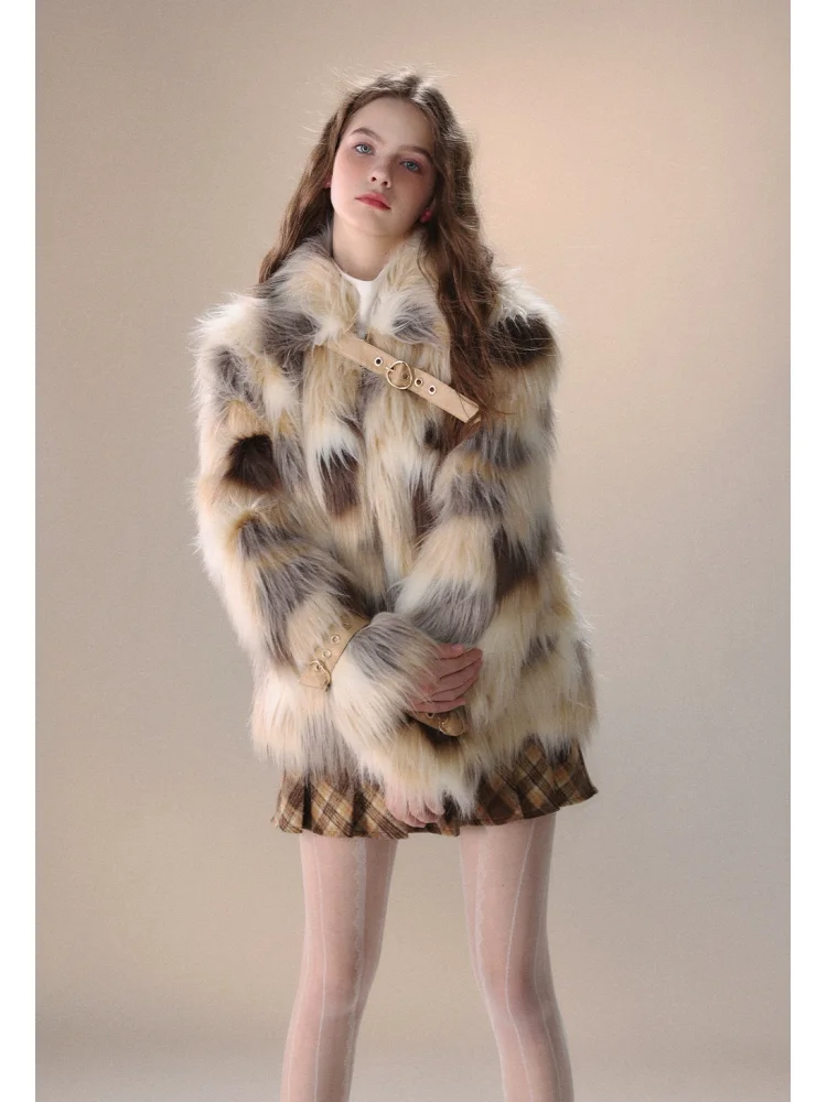

French Romantic Sweet Faux Fur Topcoat Cute Exquisite Fashion Camel Color Pattern Belt Buckle Socialite Elegant Temperament Coat