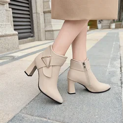 Women's Shoes 2024 Fashion pu leather Women's Boots Winter Pointed Toe Solid Sexy Dress Short Barrel Stilettos Thin Heels Boots