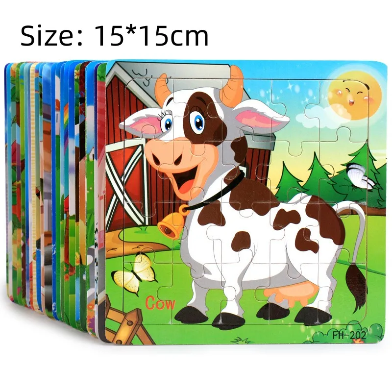 New 20 Piece Wooden 3d Puzzle Cartoon Animal Vehicle Jigsaw Puzzle Montessori Educational Toys For Kids Baby 1 2 3 Years