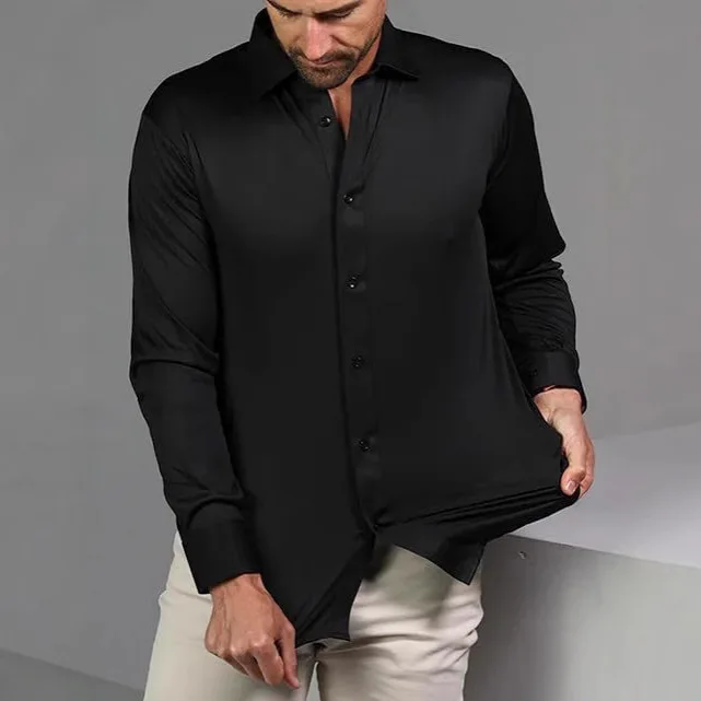

Men's Business Formal Shirt Four-Way Stretch Smooth Slim Fit Anti-Wrinkle Drapey Easy Care PU Leather Long Sleeve Spring Wear