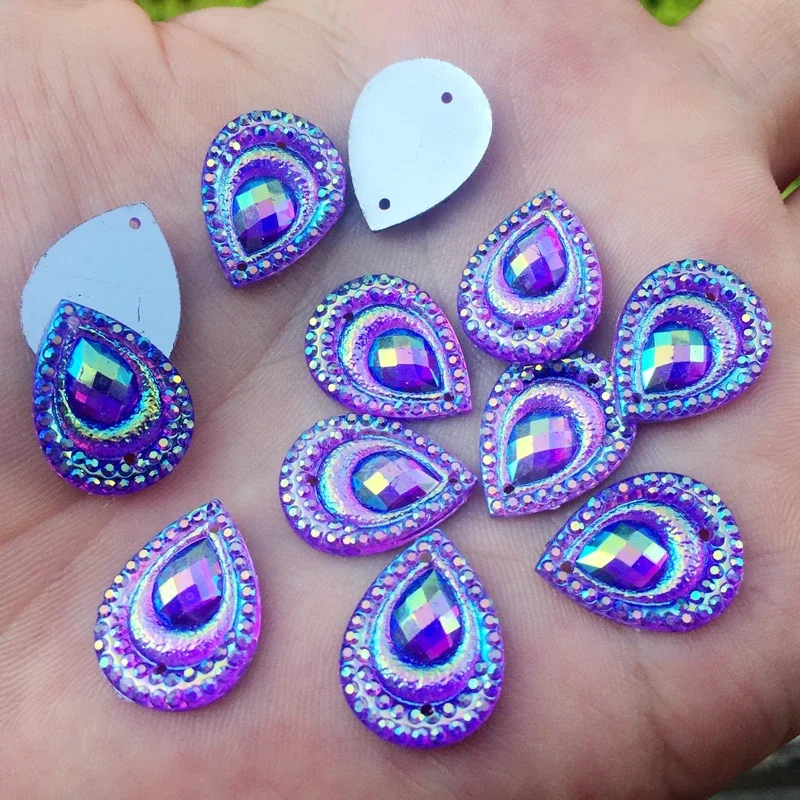 40pcs Peacock eye AB Resin 13*18mm DIY beads Flatback rhinestone applique scrapbook DIY 2 Hole buttons ornaments -HB25