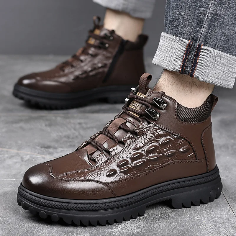 

Crocodile Print Snow Boots Winter Cotton Men's Ankle Boots Non-slip Men Work Shoes Quality Lace Up Waterproof Leather Male Boots