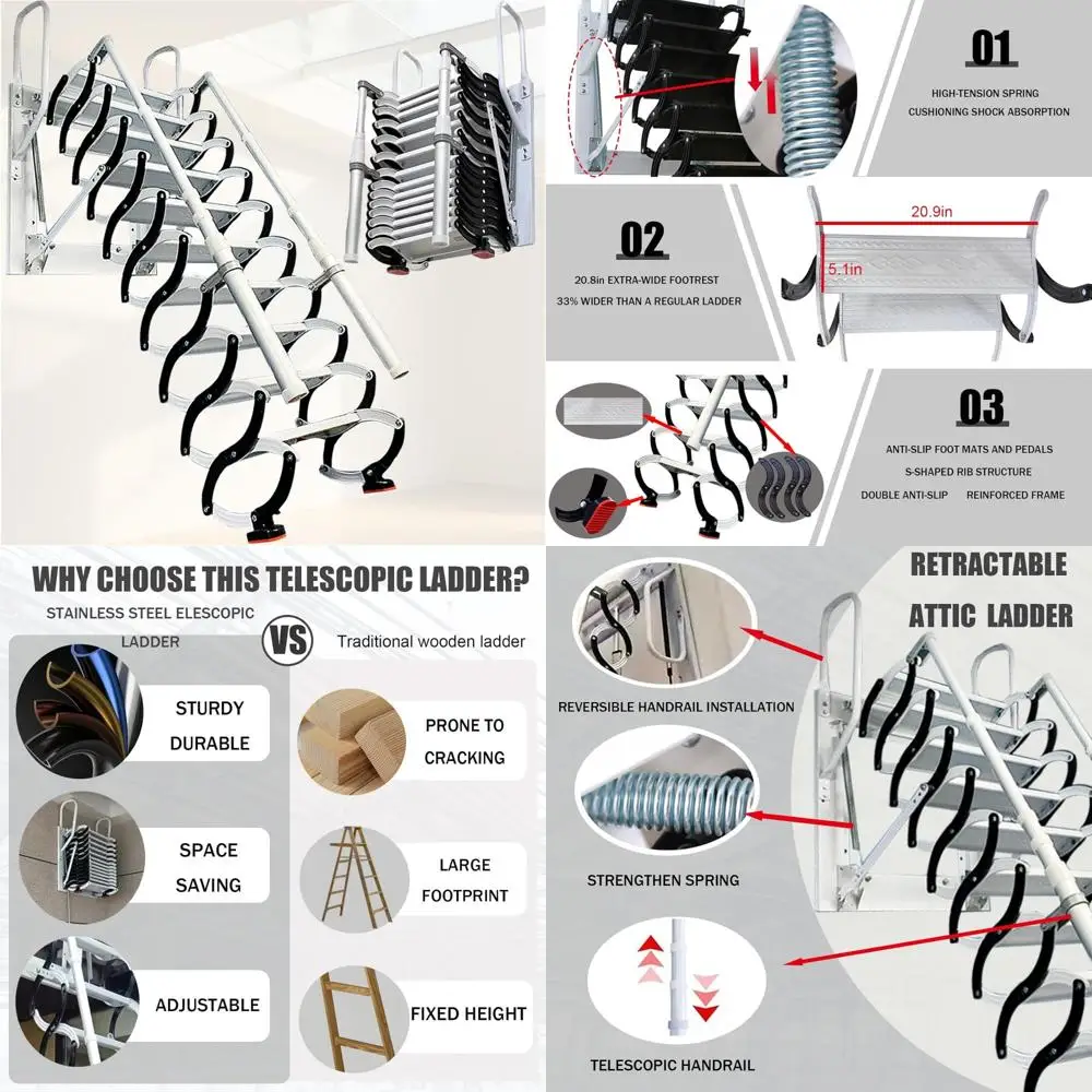 

Выдвижная металлическая складная лестница для доступа к домашним чердаке с противоскользящими ступеньками и боковыми направляющими.