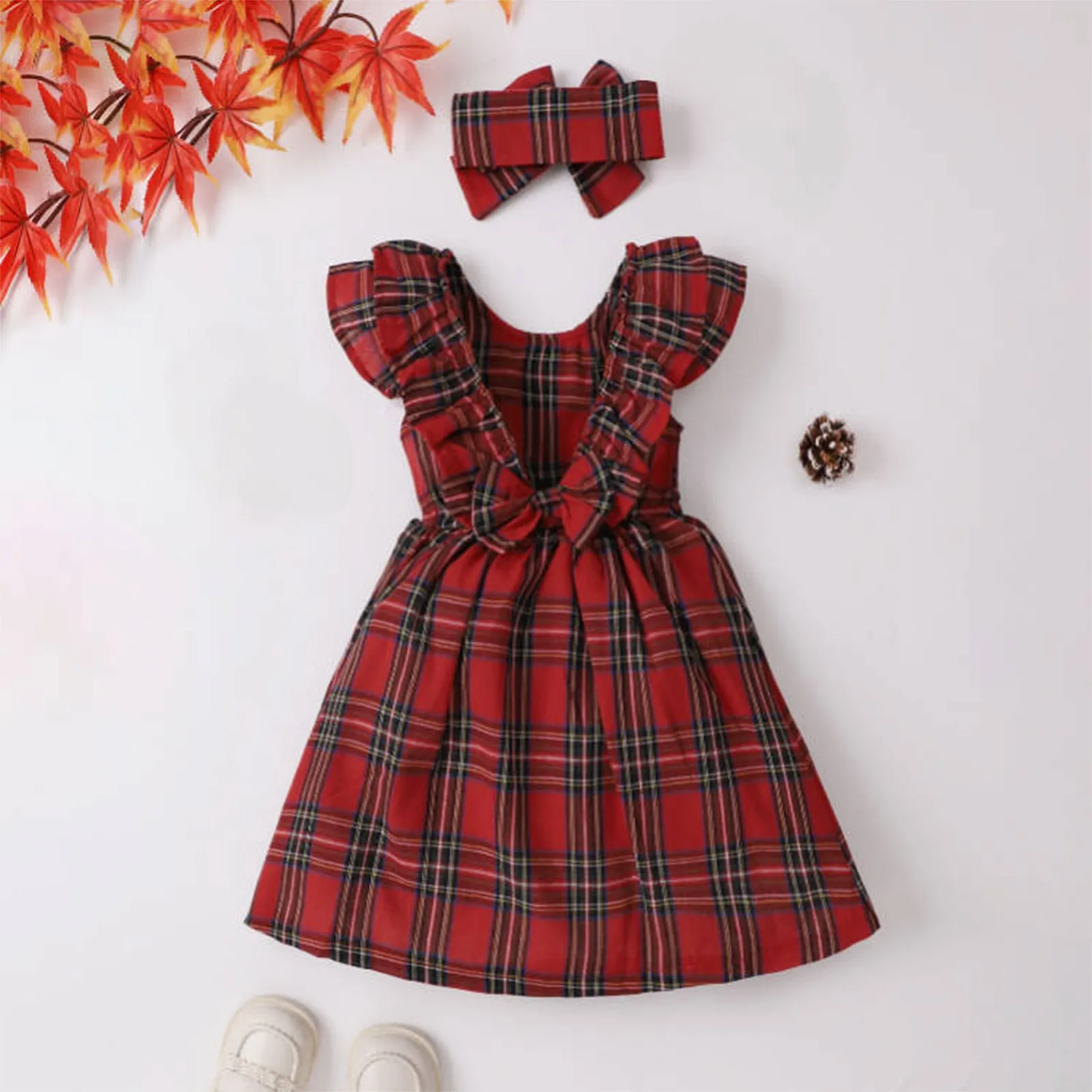 2PCS Children's Girls Summer Dress New Sleeveless Classic Plaid O-neck Dress Bow Waist Type A-Line Skirt + Headband Little Girls