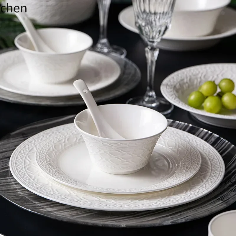 HT 60-piece white bone china tableware set, high-end dinnerware set with plates, spoons, and chopsticks 5