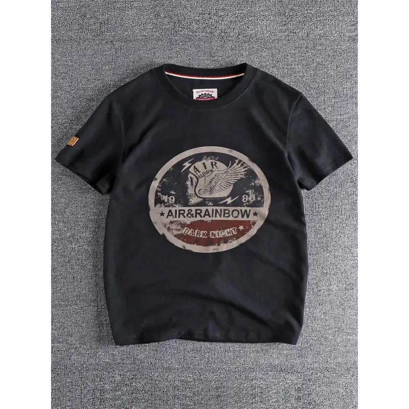 Camiseta masculina de manga curta estampada em caveira, 100% algodão, tops esportivos casuais lavados, simples com o pescoço em O, moda retrô americana, nova, verão