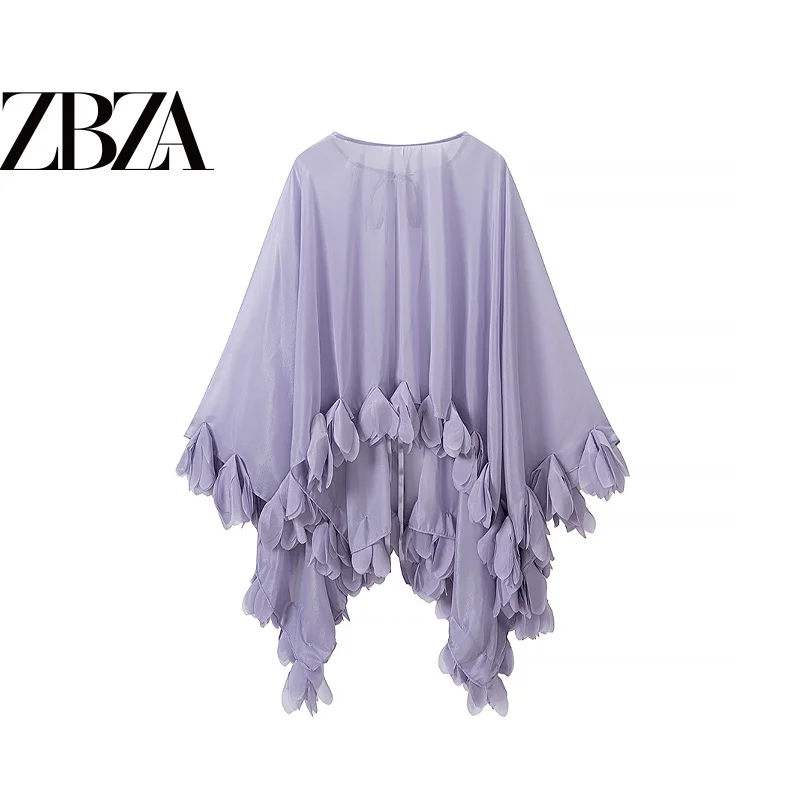 Fashionable round Neck See-through Uneven ZR Wind Women's Wrap Shoulder Sun Protection Clothing All-match Long Sleeve Coat