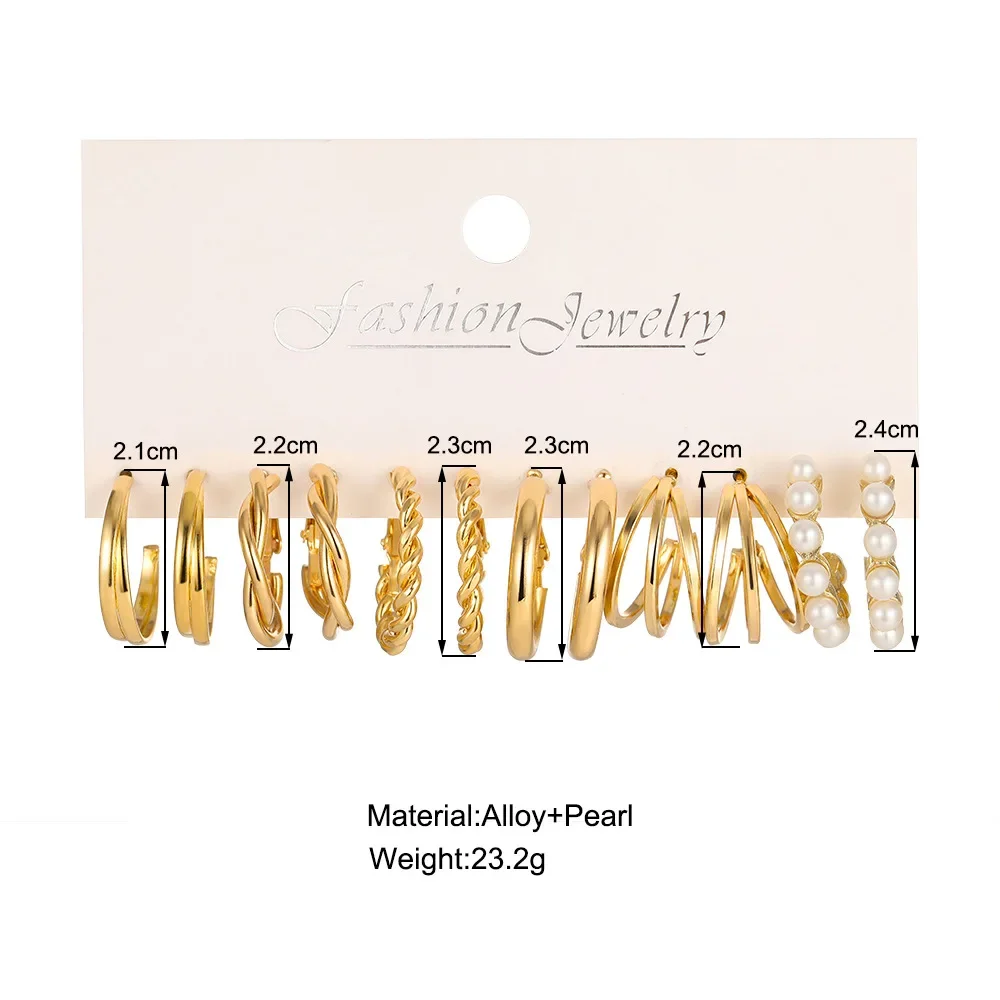 Boho Big Circle Hoop Earring Set for Women, Gold Color Bohemia Vintage Pearl Earring Heart Zircon Ear Studs Jewelry Gifts