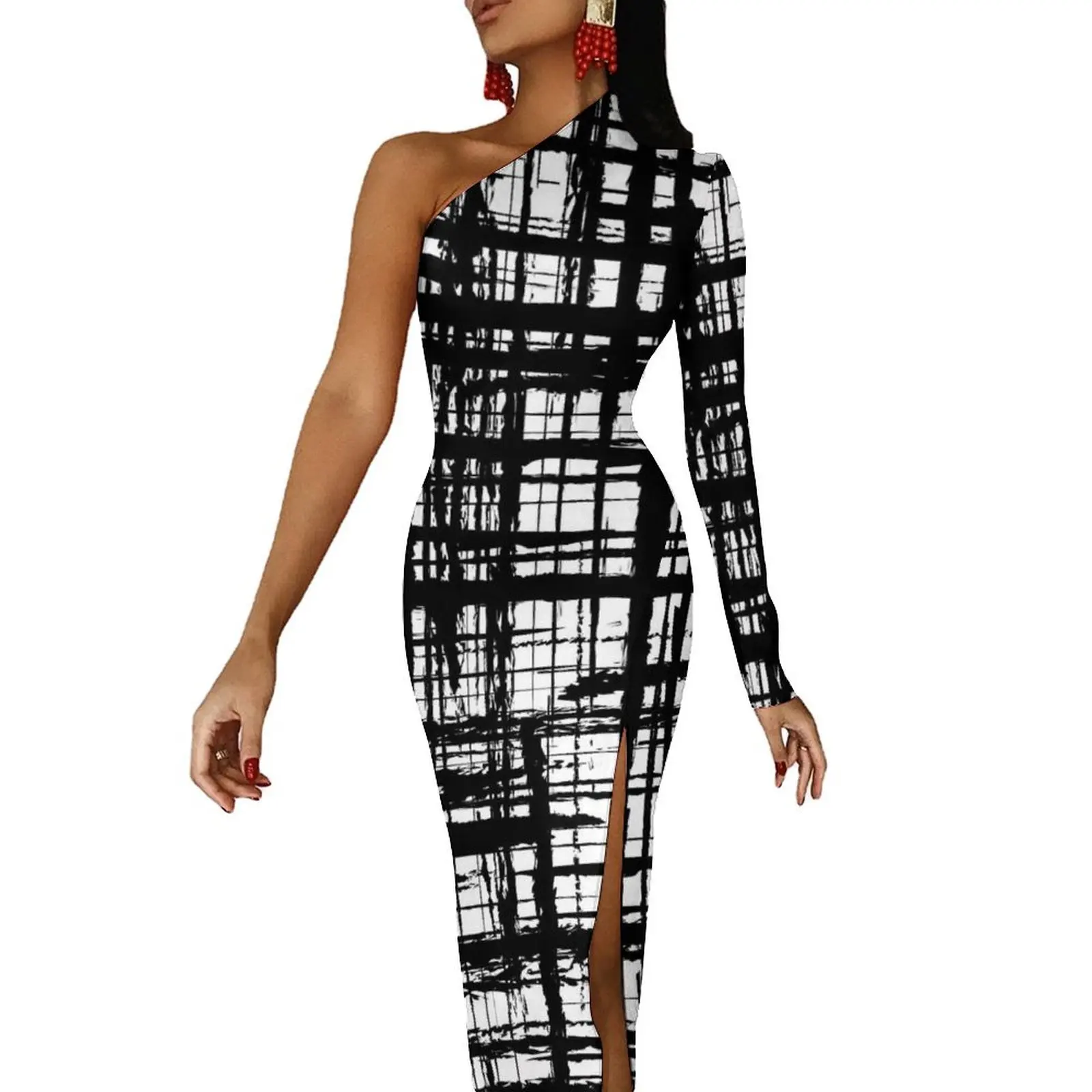 Graffiti Print Long Dress Women Black Brush Street Wear Maxi Dress Spring Cute Bodycon Dresses High Slit Graphic Vestido