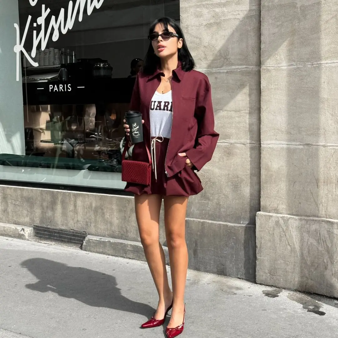 Women\'s Fashion Casual Wine Red Jacket Commuting Zipper Lapel Collar Long Sleeve Coat 2024 Autumn New Ladies Street Outerwear