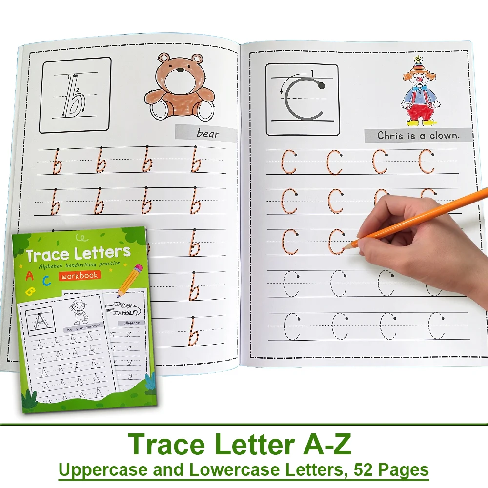 Litery A-Z Alfabet Wczesna edukacja Śledzenie Zeszyt Ćwiczenia pisania Praktyka pisma ręcznego Arkusze śledzenia liter Montessori
