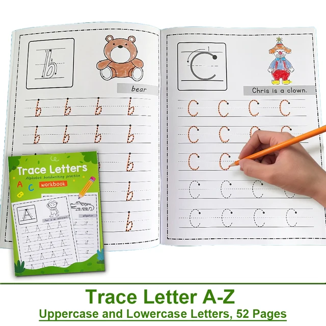 Litery A-Z Alfabet Wczesna edukacja Śledzenie Zeszyt Ćwiczenia pisania Praktyka pisma ręcznego Arkusze śledzenia liter Montessori