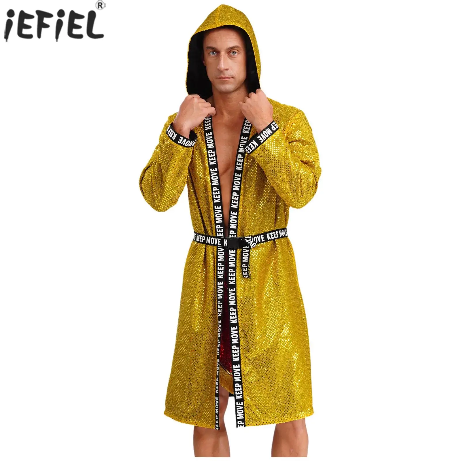 Men Fashion Sequins Letter Printed Hooded Robe Cloak for Boxer Boxing Wrestling Singlet Match Competition Performance Costumes