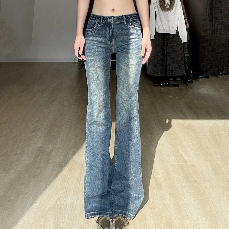 Carga jean feminino jeans retos angustiado lavado comprimento total calças jeans zíper voar bolsos de cintura baixa solto high street