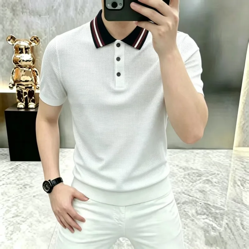Summer Lapel Short Sleeve T-shirt Men Ice Silk Knitted Casual Business Polo Shirts Versatile Social Sports Golf Top Men Clothing
