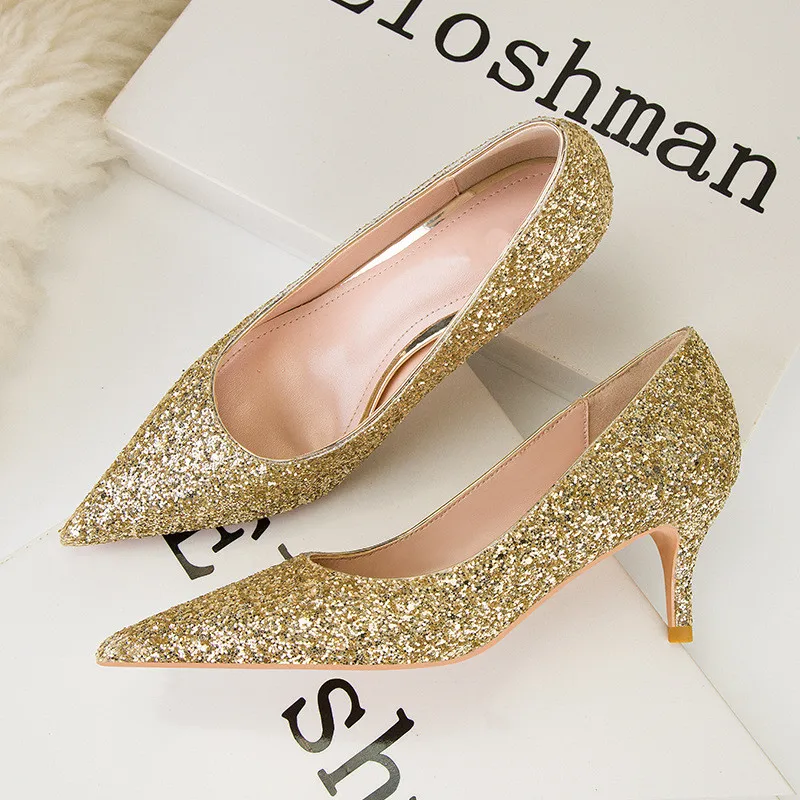 New Autumn Fashion Sequined Cloth Women Pumps Black Gold Silver Shoes High Heels 6cm Pointy Toe Ladies Office Dress Shoe Wedding