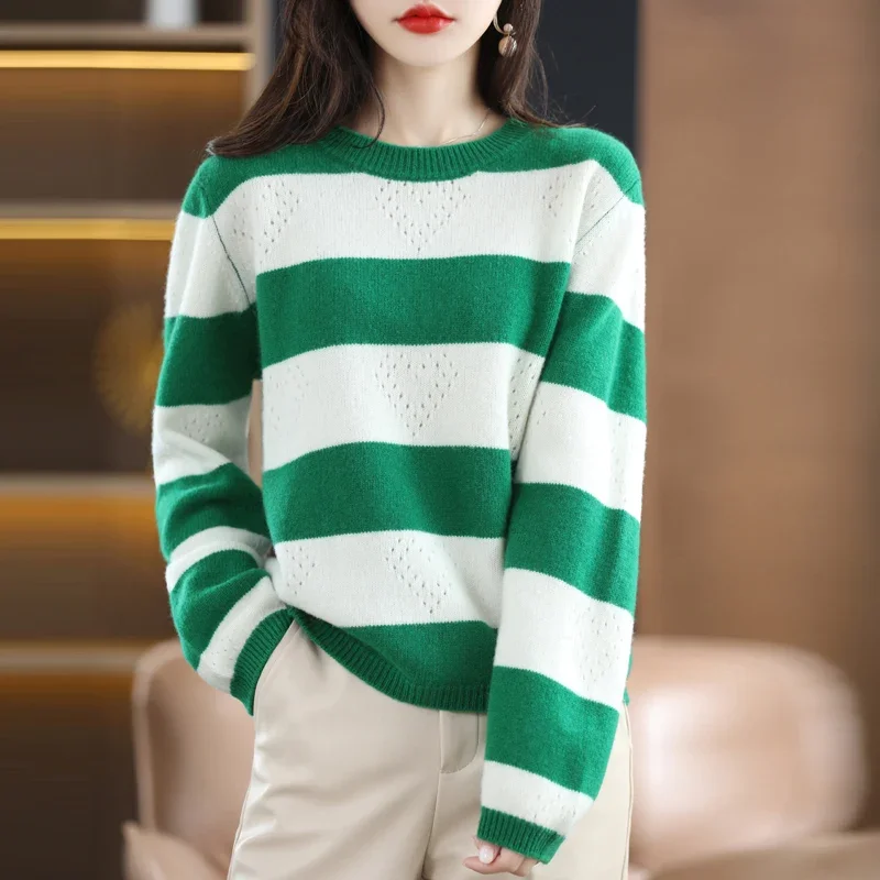 100% Merino Wool Knitted Pullover Women's Sweaters 2023 Winter O-Neck Long-Sleeved Short Paragraph Shirt  Loose Jumper Tops