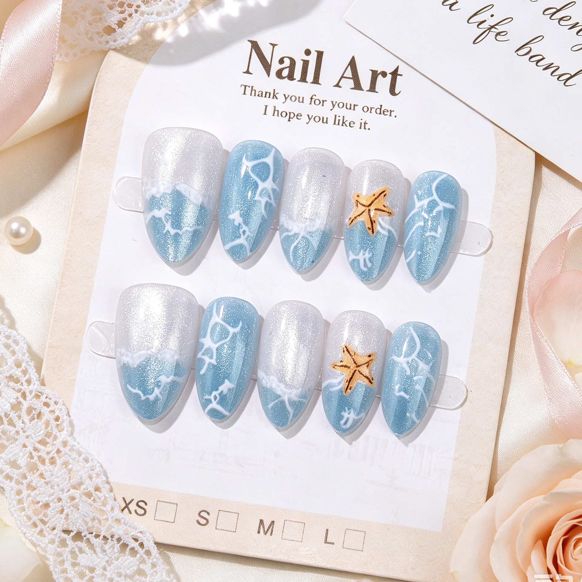 Summer Ocean Style Press On Nails Hand-Painted Waves 3D Starfish Short Almond Premium Reusable False Nail Tips