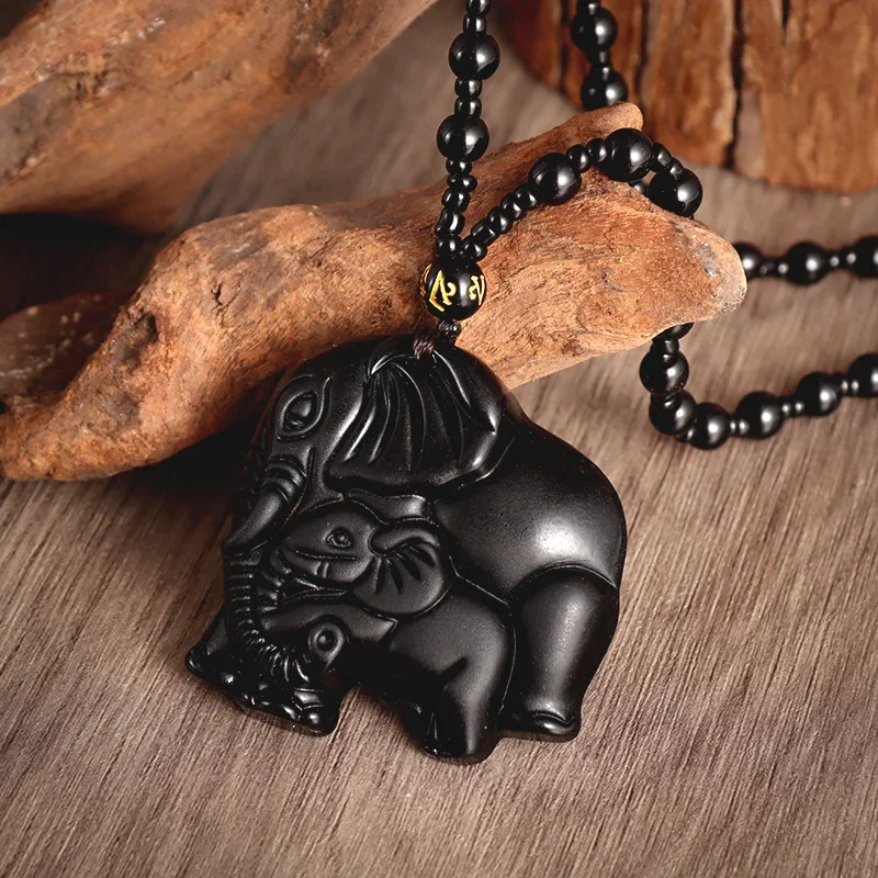 Retro Obsidian Auspicious Elephant Animal Pendant Beaded Necklace Men Women Fashion Lucky Amulet Jewelry Gift